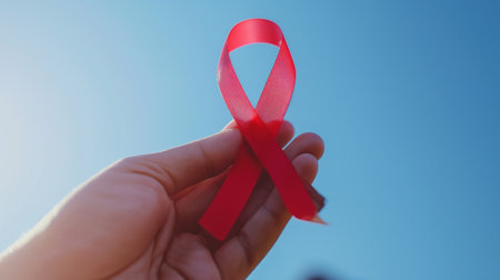 Hand holding cancer day red ribbon, blurred blue sky on the backgroundの素材