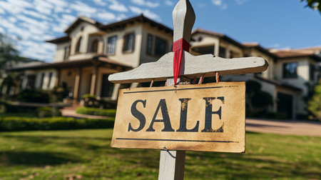 Sign FOR SALE of house in background, sale of purchase of property, inscription on sign for sale. Commercial proposal. Old cottageの素材