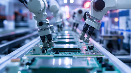 Electronic Devices Production Industry. Component Installation on Circuit Board. High Precision Robot Arms on Fully Automated Assembly Line Inside Modern Electronics Factoryの素材