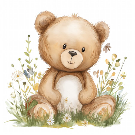 Cute bear in grass, pastel, flowers, watercolor illustrationの素材