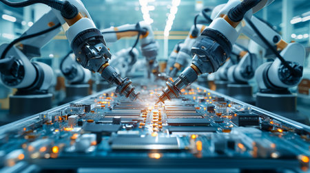 Electronic Devices Production Industry. Component Installation on Circuit Board. High Precision Robot Arms on Fully Automated Assembly Line Inside Modern Electronics Factoryの素材