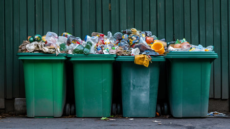 Dumpsters full of garbage. Green plastic trash can. Problem of garbage collectionの素材