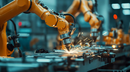 Welding robotics automatic arms machine in factory automotive industrial. Blurred digital manufacturing operation. Automated Robotic Conveyor Lineの素材