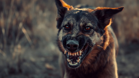 Very aggressive rabid dog with big teeth and dangerous furious look. Attack of scary wild dog on peopleの素材