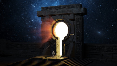 Astronaut facing an ancient portal emitting a bright light against the cosmic backdrop of...