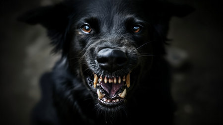 Very aggressive rabid dog with big teeth and dangerous furious look. Attack of scary wild dog on peopleの素材