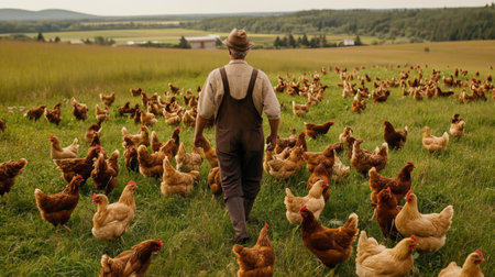 Farmers stand amidst a bustling field filled with contented chickens, embodying dedication to agriculture and animal husbandryの素材