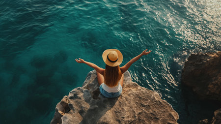 Happy Woman, freedom, calmness sea, relax summer nature, oceanの素材