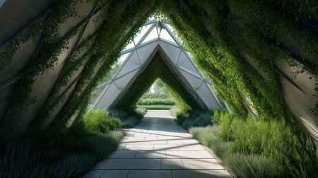 Diamond shape tunnel with vegetation filling it up, rounded shapes, realistic depiction of light, sustainable architectureの素材