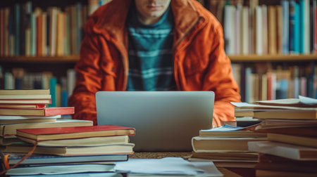 Student studying from laptop with a stack of books and notes spread around, distance learning. Examの素材