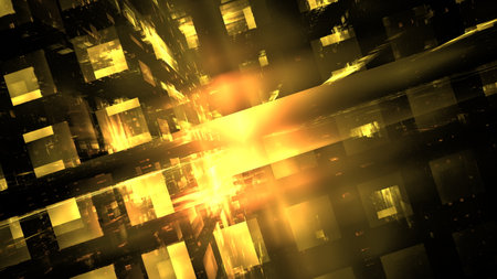 Fiery explosion of digital architecture in a dazzling display of gold and amber. 3d renderの写真素材