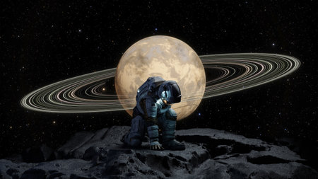 Space astronaut explores distant planet. Cosmonaut in a spacesuit touches the ground of an asteroid. 3d renderの写真素材