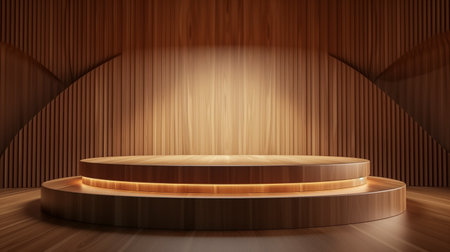 Wooden platform podium product presentation backdrop, Abstract curve podium background for luxury product presentation, stage studio premiumの素材