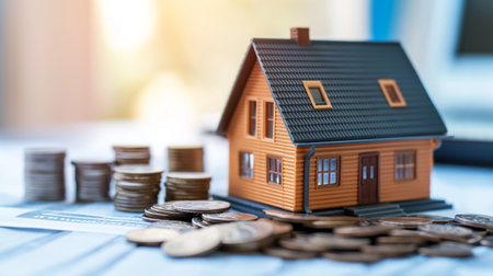 Miniature house model surrounded by stacks of coins on a blueprint, illustrating the concept of real estate investment, mortgages, or the cost of home financingの素材