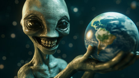 Alien in space holding earth and laughing like a villain. Evil alien with big eyes and teeth. Attack planet Earthの素材
