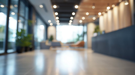 Foto de Softly blurred office space bathed in warm light, with green plants, suggesting a modern and dynamic work environment - Imagen libre de derechos