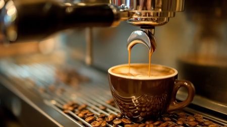 Rich espresso shot being extracted into a clear espresso cup, with the crema visibly settling on top, creating a perfect balance of dark coffee and creamy frothの素材