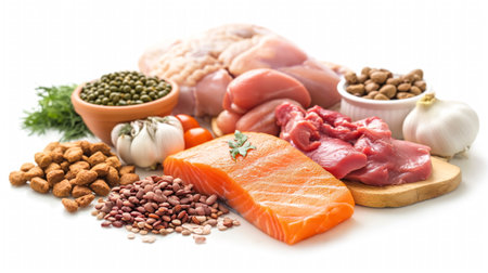 Quality of protein source, proper balanced nutrition. Healthy eating and diet concept natural rich in protein food on table, white backgroundの素材