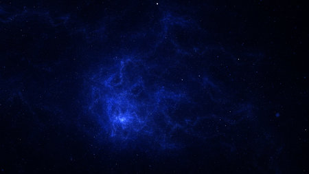 Vast starry night sky with a prominent nebula emitting a bright, blue glow amidst countless stars. Universe space. 3d renderの写真素材
