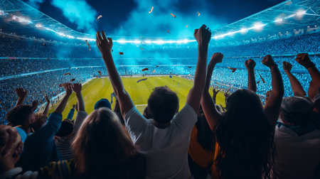 Football Fans cheer passionately at a soccer game, their silhouettes against a vibrant stadium backdrop, filled with excitement and the spirit of sportの素材