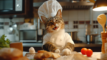 Cat in chef uniform, restaurant kitchen. Charming feline chef adds a playful touch to the culinary scene, blending cuteness with culinary expertiseの素材