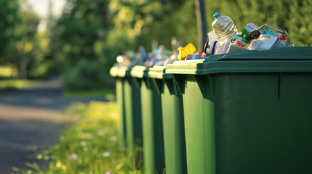 Dumpsters full of garbage. Green plastic trash can. Problem of garbage collectionの素材