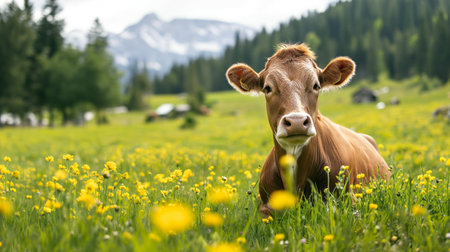 Curious cow stands in an Alpine meadow dotted with wildflowers, mountains in the background under a sunny sky, tranquility of pastoral lifeの素材