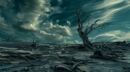 Devastated scorched earth in the valley, burnt trees, burnt vegetation and grass. Dead landscape with the remains of large trees, intense atmosphere, burned charred fireの素材