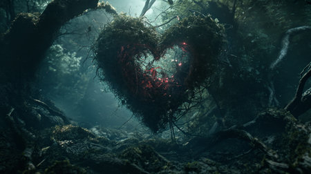 Enchanted glowing heart-shaped tree with flowers in a mystical forest, floating red hearts, and ethereal fogの素材