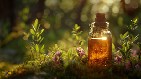Small bottle of amber liquid is nestled among lush foliage, with the golden sunlight filtering through, highlighting the essence of natureの素材