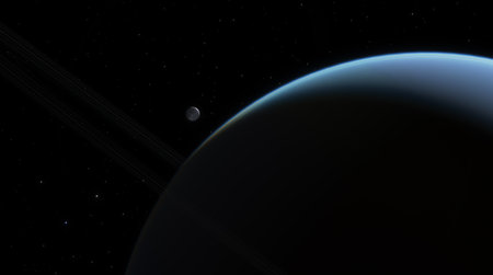 Large planet with a visible atmosphere and ring system. Vast scale and serene isolation of celestial...