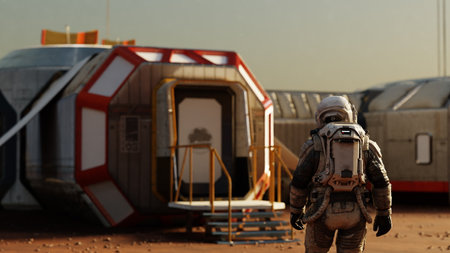 Astronaut stands before the entrance to a modular habitat on Mars, the beginning of a new era. 3d renderの写真素材