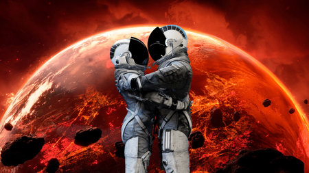 Two astronauts embrace before a looming red planet, a fiery landscape below them, under a star-speckled sky, symbolizing a passionate connection in a harsh realm. 3d renderの写真素材