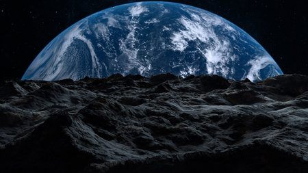 Earth planet rises over a barren, rocky landscape, surface, dark void of space. Stars speckle...