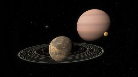 Planetary system, vast expansion of space, large ringed planet with smaller moon and a gas giant in...
