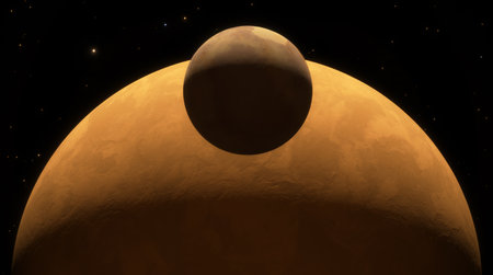 Large orange planet with a smaller moon in the foreground set against the star-studded backdrop of...