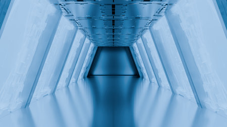 Futuristic corridor with sleek, bathed in cool blue light that casts geometric shadows within a...