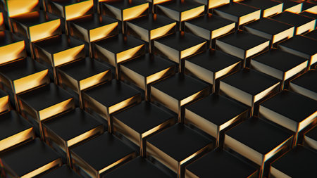 Detailed shot showing the texture and interlocking design of a metallic gold cubes mesh. 3d renderの写真素材