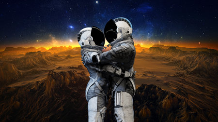 Two astronauts embracing on an alien planet, with a horizon glowing from a sunset beneath a star-filled sky, signifying exploration and companionship. 3d renderの写真素材