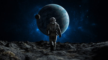 Astronaut treks across a barren moonscape with a large, cratered planet and its moon looming above. 3d renderの写真素材
