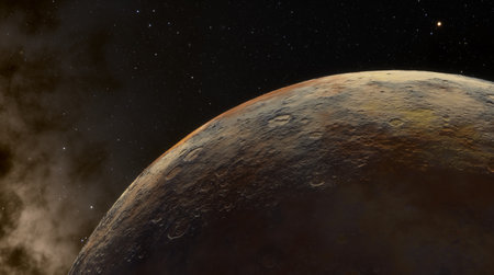 Rugged crater pocked celestial body moon, planet with a striking brownish red horizon where it meets...