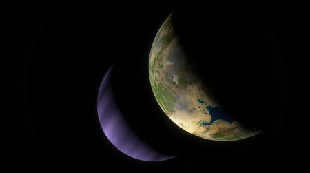 Vibrant exoplanet and its purple moon in a crescent phase create a striking contrast against the vastness of space. 3d renderの写真素材