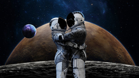 Astronaut couple embracing in space with a breathtaking view of Earth in the background, symbolizing love and companionship in the vastness of the universe. 3d renderの写真素材