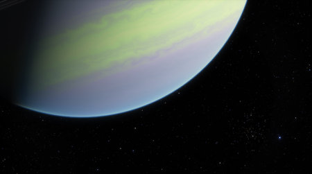 Large gaseous planet adorned with swirling patterns of green and yellow, set against tranquil backdrop of deep space twinkling with distant stars. 3d renderの写真素材