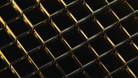Detailed shot showing the texture and interlocking design of a metallic gold cubes mesh. 3d renderの写真素材
