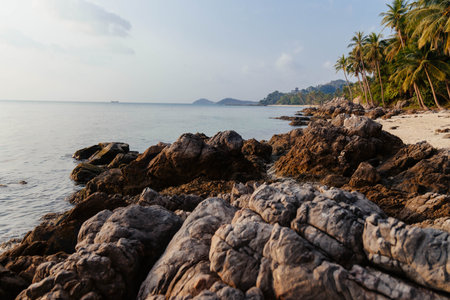 Rocky shores frame a tranquil beach with boats and palm trees at sunset