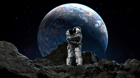 Two astronauts hugging on a rocky terrain against a backdrop of Earth rising in the space sky. 3d...