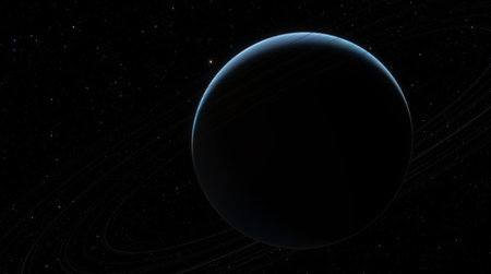 Celestial body shrouded in darkness with bright atmospheric rim, backdropped by vast, star filled expanse of space and ring patterns. Rings curve elegantly around planet, cosmic landscape. 3d renderの写真素材