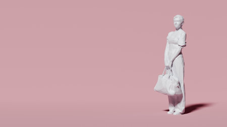 White sculpture of a woman with a stylish pose and bag stands elegantly against a soft pink backdrop. 3d renderの写真素材
