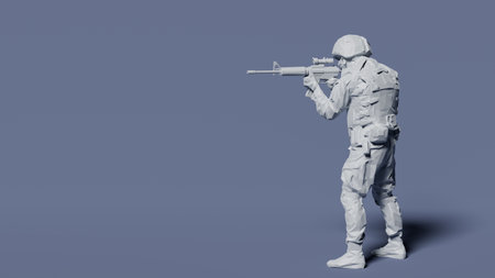 Soldier ready stands, aiming a rifle, isolated against a plain blue backdrop. 3d renderの写真素材